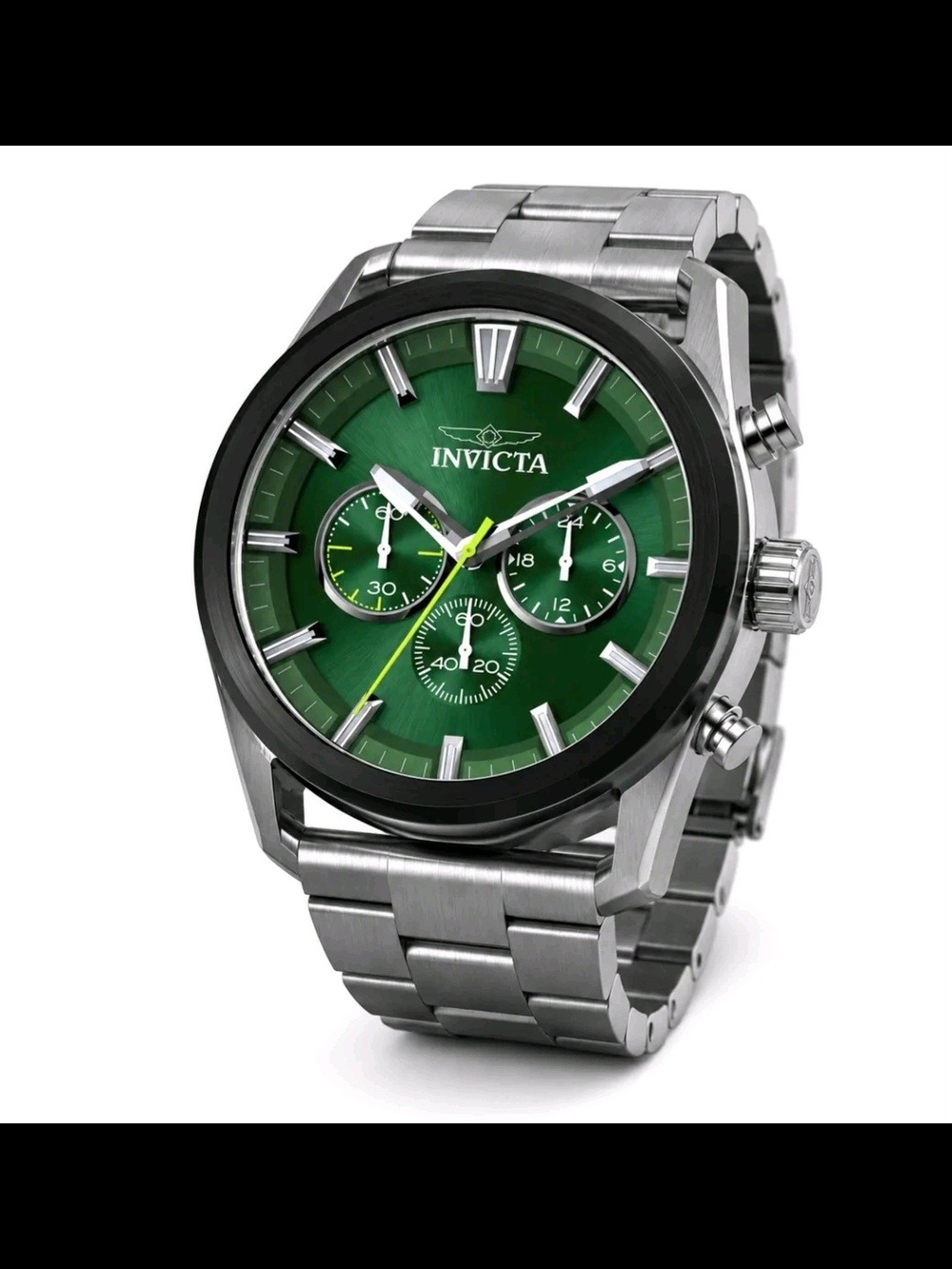 Invicta Green Dial Stainless Steel Chronograph Watch with Black Bezel